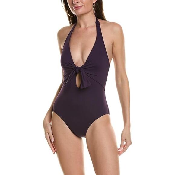 Vince Camuto Tie Front Plum Purple Halter One Piece Swimsuit Size 14 - Picture 1 of 11